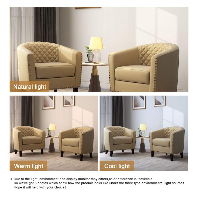 2 Set 29" W Vegan Leather Barrel Accent Chairs with Nailheads Trim