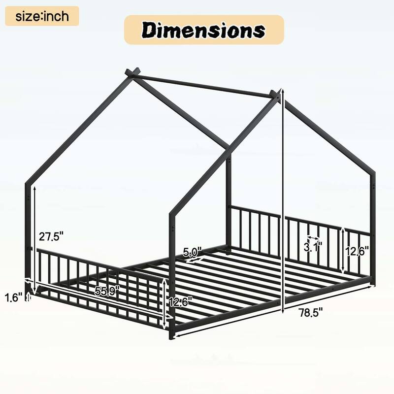Platform Bed with LED light strips,roof-shaped iron frame,and low profile design for safety and style