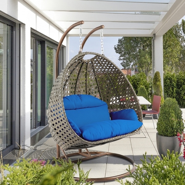 LeisureMod Outdoor 2 Person Beige Wicker Double Hanging Egg Swing Chair