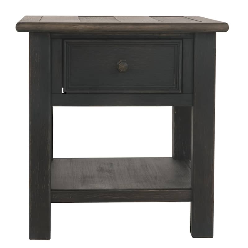 Wooden End Table with One Drawer and One Shelf, Brown and Black