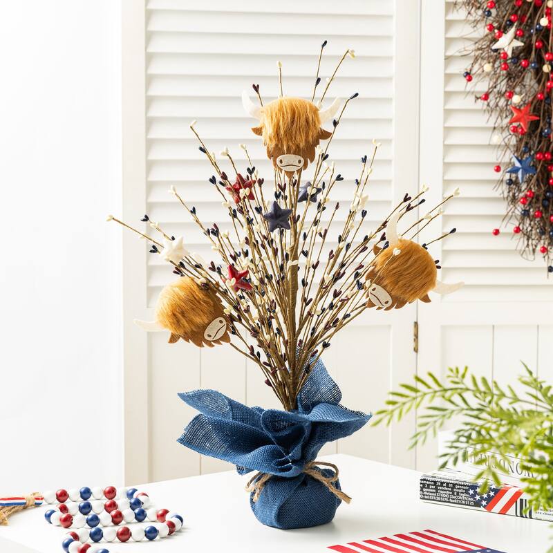 Glitzhome 21"H Patriotic/ Americana Highland Cow and Berry Table Tree