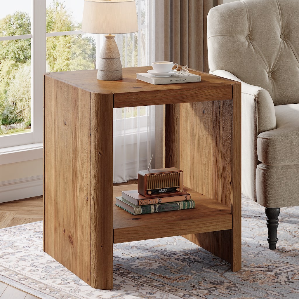 2-Tier Solid Wood End Table, Small Side Table with Open Storage Shelf