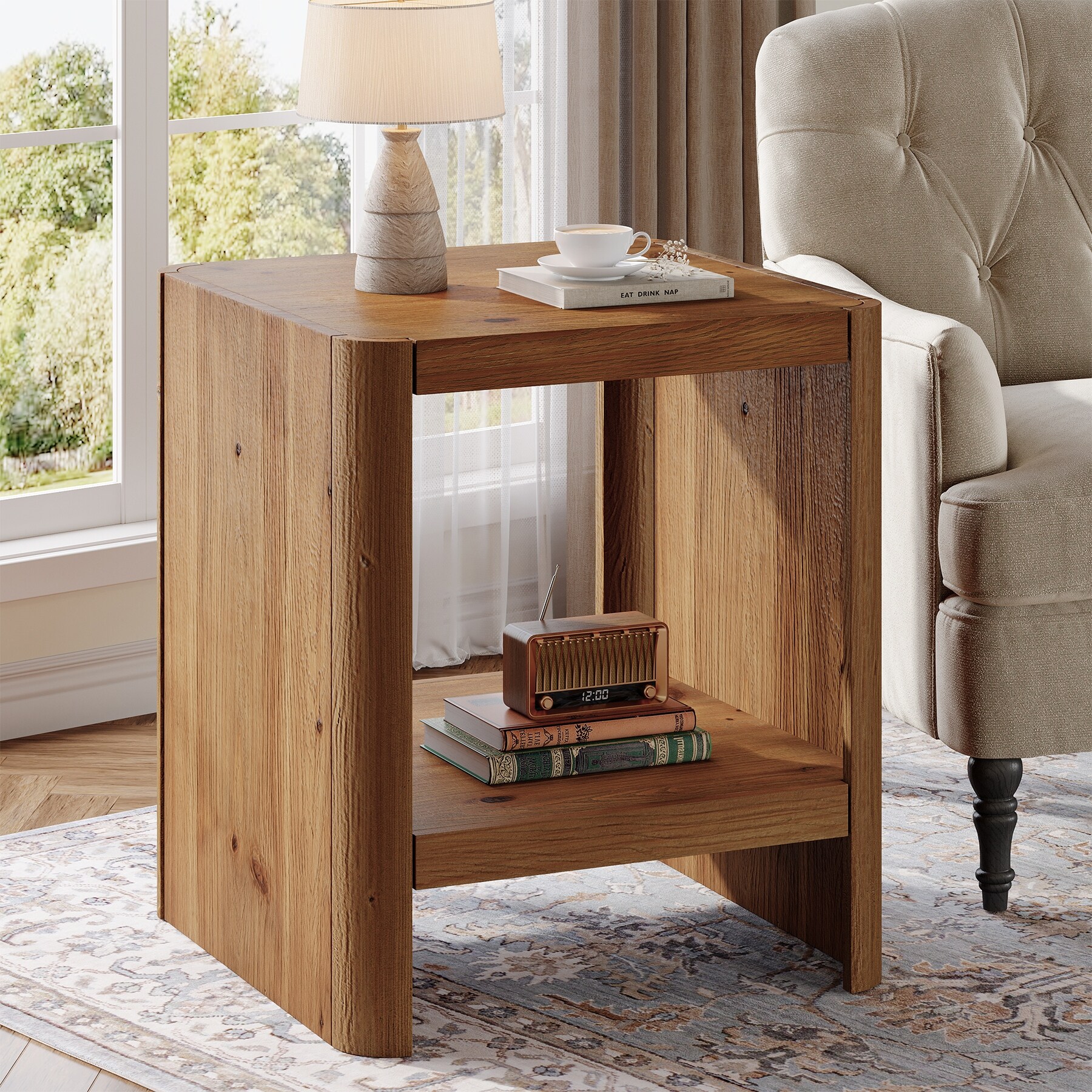 Solid Wood End Table, 2-Tier Small Side Table with Open Storage