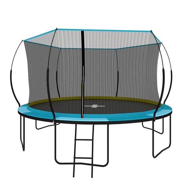 slide 2 of 14, 14ft Recreational Trampoline with Enclosure for Kids and Adults Patented Fiberglass Curved Poles Pumpkin 168 x 168 x 100 inch