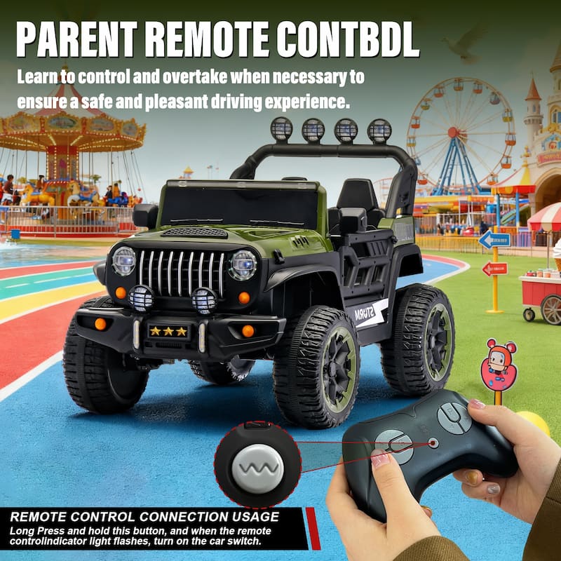 24V 2-Seater Kids Electric Ride-On with Remote Control, Army Green, 4WD & LED Lights - Green