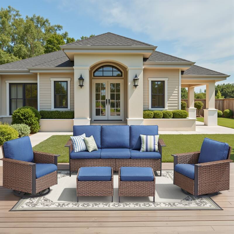 Pocassy Outdoor Wicker Sofa Glider Chair with Ottoman Set - Brown Wicker Blue Cushion - 4-Piece Sofa Swivel Chair with Ottoman