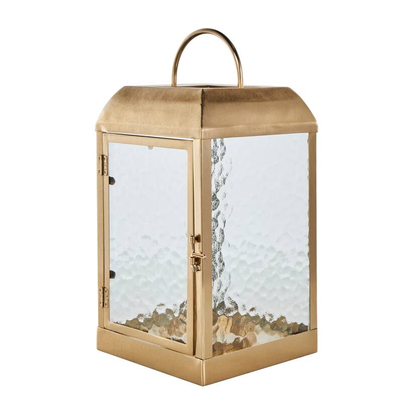 Metal Candle Lantern with Pebbled Glass - Gold - Roche River Decor - 8"W x 8"L x 16"H