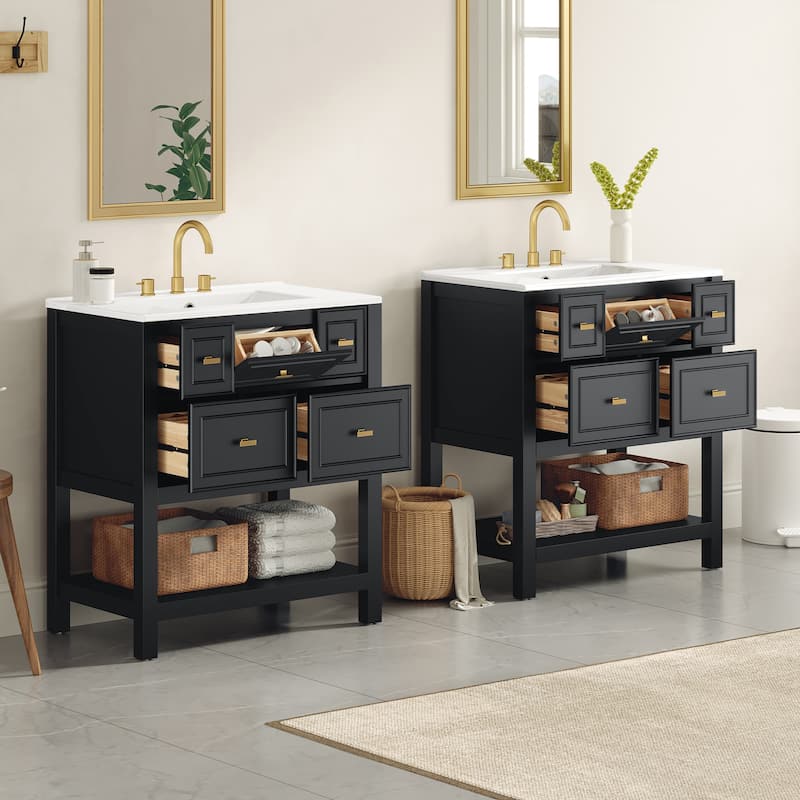 60'' Bathroom Vanity With Ceramic Sink Combo, Free Standing Single Vanity Set With 5 Drawers,Solid Wood FrameStorage Cabinet