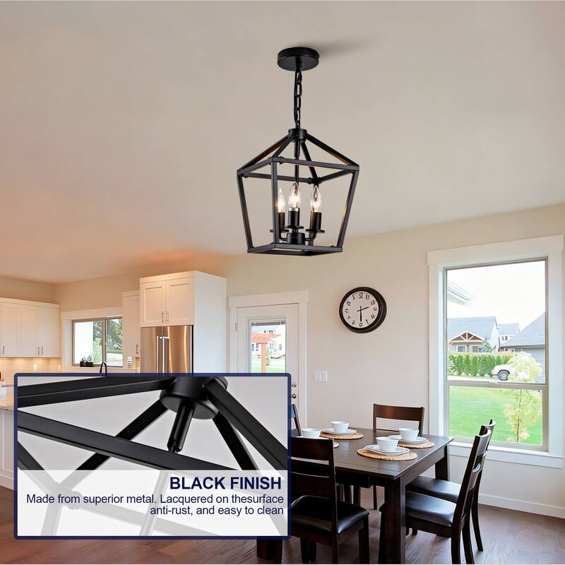 Farmhouse Lantern Chandelier 3-Light with Rustic Open Cage and Adjustable Hanging Height