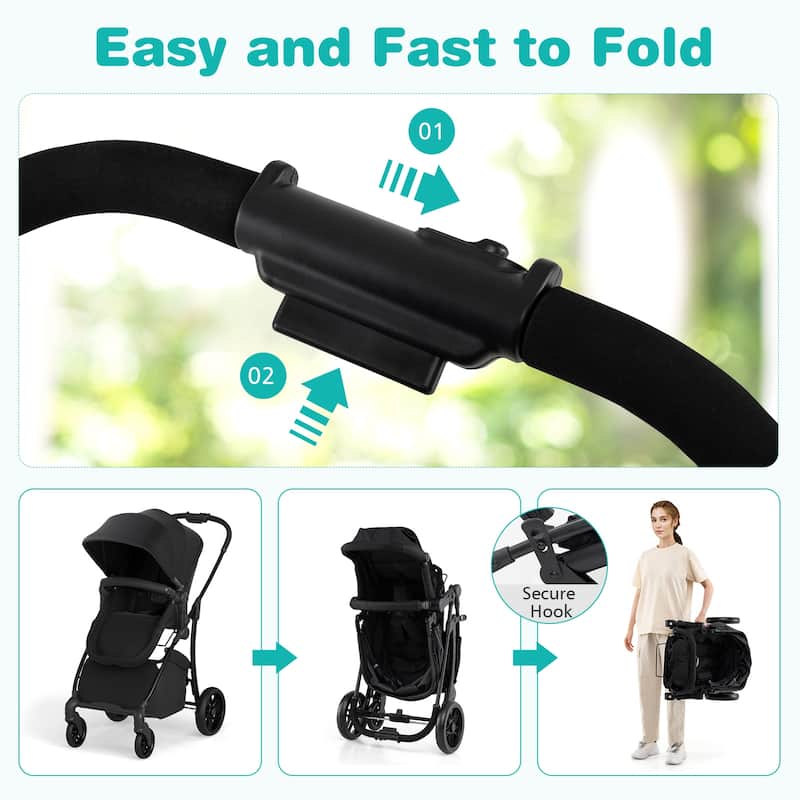 2 in 1 Metal Polyester Foldable Kids Stroller with Adjustable Seat - 38" × 22.5" × 41"