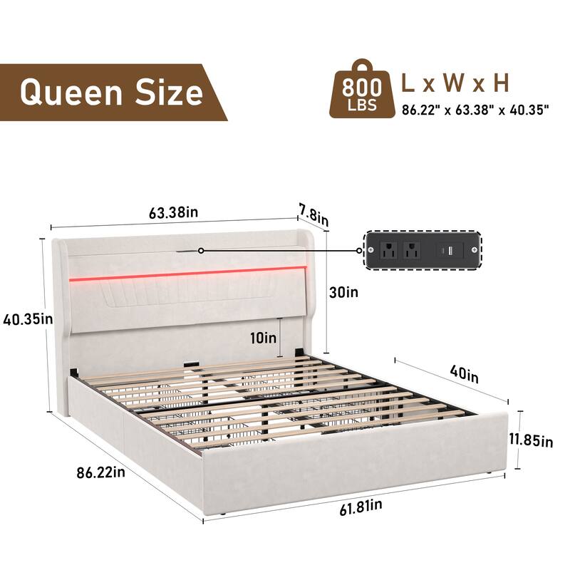 Queen bed Frame with Storage Upholstered Headboard and 4 Drawers, Velvet Upholstered Platform bed with LED Lights
