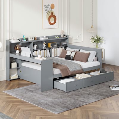 Full Size Wooden Daybed with Desk, USB Ports, 3 Storage Drawers & Side Storage
