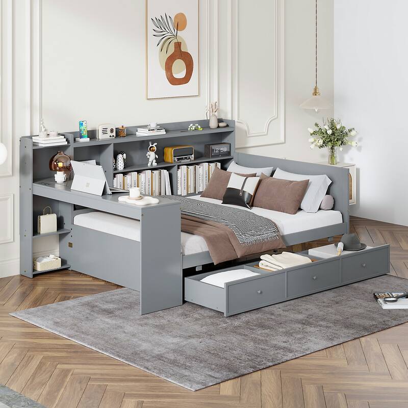 Full Size Wooden Daybed with Drawers, USB Ports, and Desk - Gray - Full