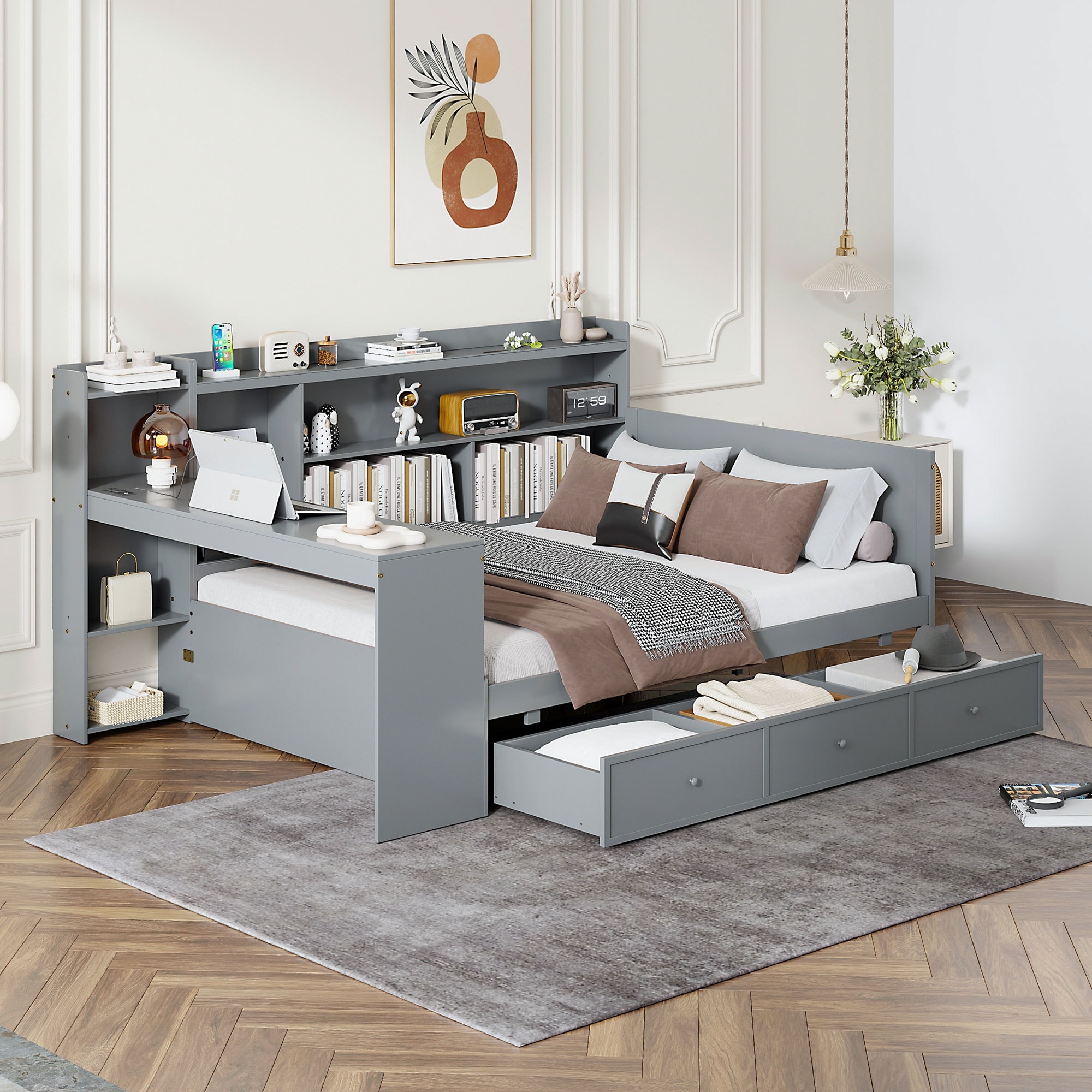 Gray Full Size Wooden Daybed with Drawers, USB Ports, and Desk