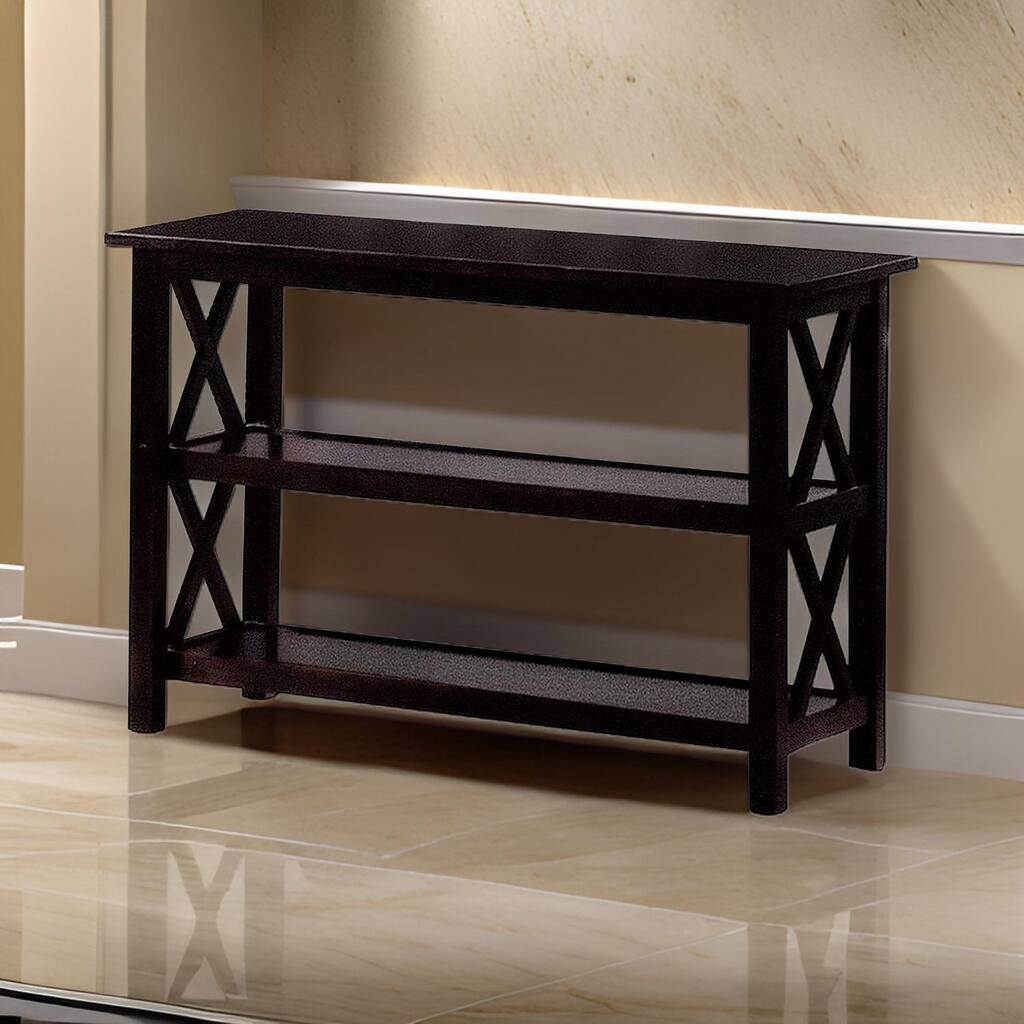 Transitional Wooden Sofa Table With "X" Side Design & Two Shelves, Dark Brown