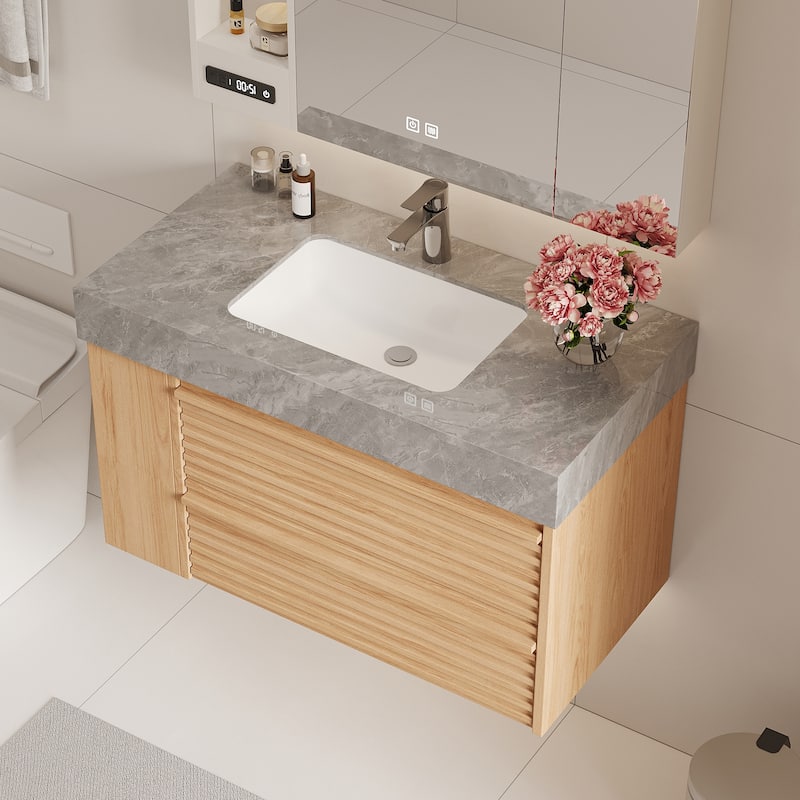 Modern 36" Bathroom Vanities, Sintered Stone Tabletop, Sold wood Cabinets, 2 Drawers& 2 Adjustable Shelves, Not Assembled Need - Light Wood