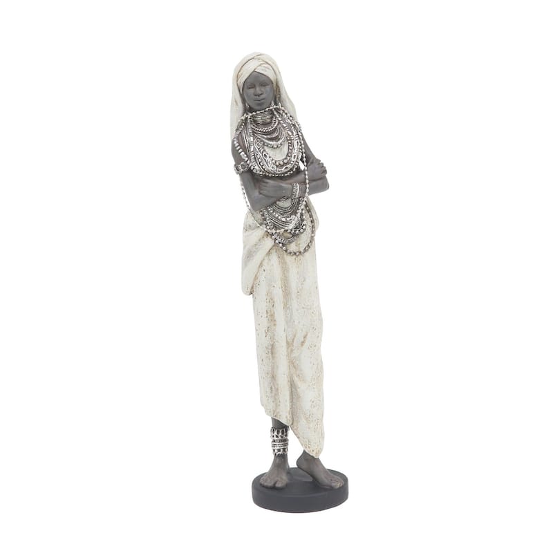 White Polystone Handmade Standing African Woman Decorative Sculpture with Intricate Jeweled Details (Set of 3)