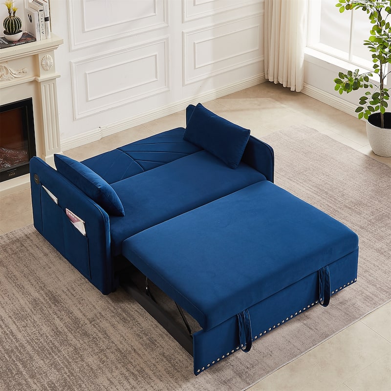 Velvet Pull-out Sleeper Sofa Bed with USB Port and 2 Pillows