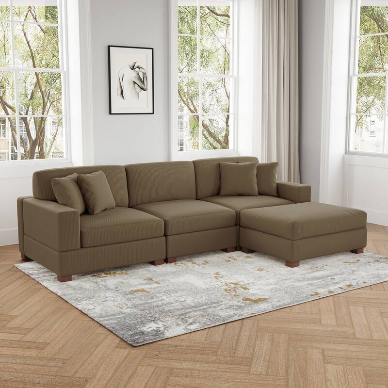 Ella 82" W/ 118" W Corduroy Modular Sectional Sofa with Ottoman