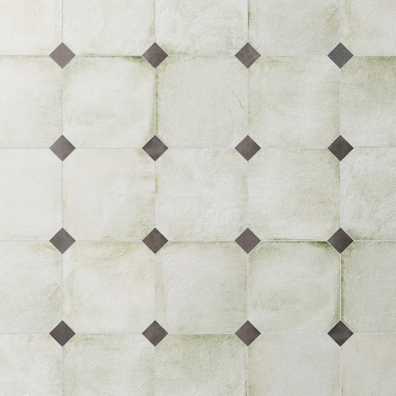 Merola Tile Laverton Octagon Nieve with Taco Grafito 7-7/8" x 7-7/8" Porcelain Floor and Wall Tile