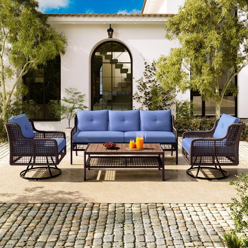 4-Piece Outdoor Conversation Set with Swivel Chairs and Removable Cushions for Comfort - Brown/Blue