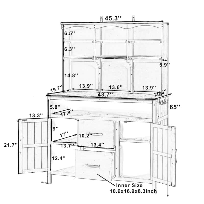 45" Fir Wood Outdoor Potting Bench with Hutch, Cabinets, and Drawers