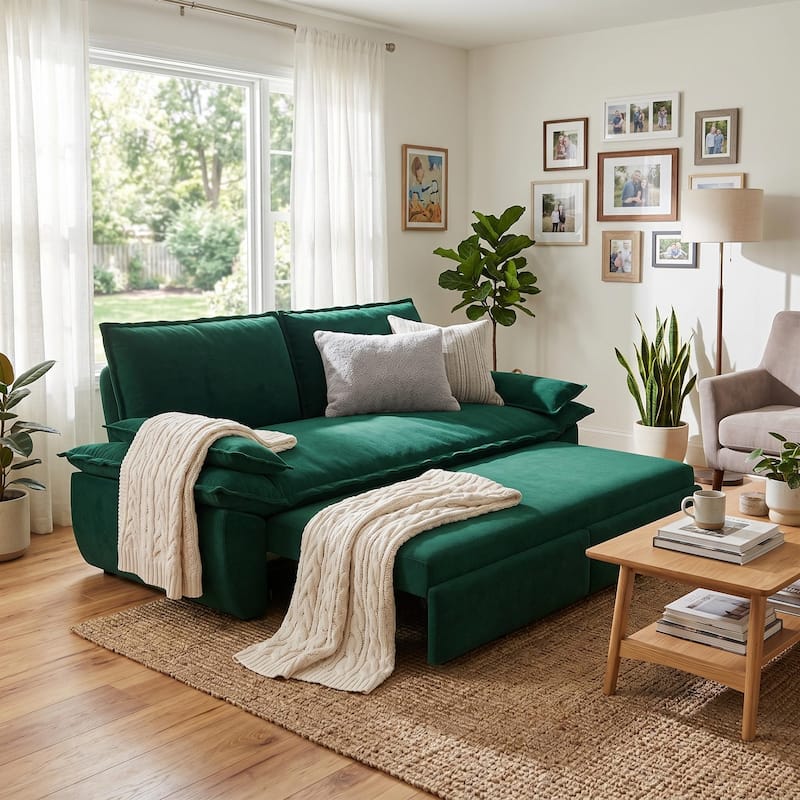 Homy Casa 73.2''/94.5" Queen/King Pull Out Sofa Bed, 3-in-1 Corduroy/Velvet Sleeper Couch - Velvet Green