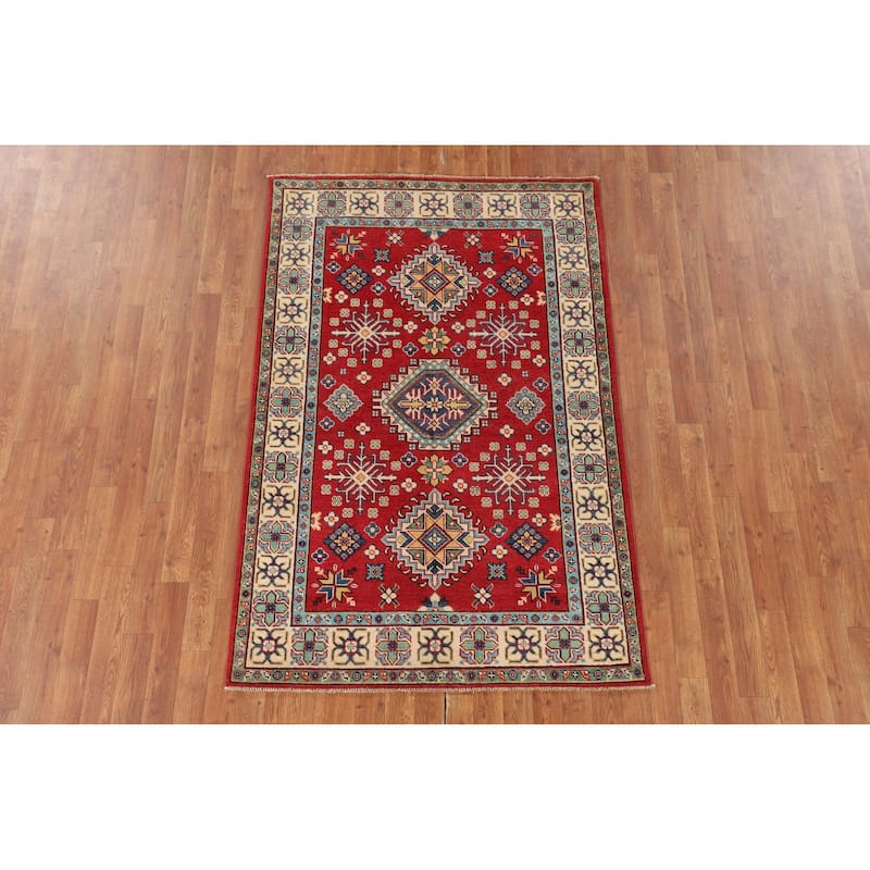 Geometric Red Kazak Oriental Area Rug Bedroom Hand-Knotted Wool Carpet - 3'11"x 6'0"