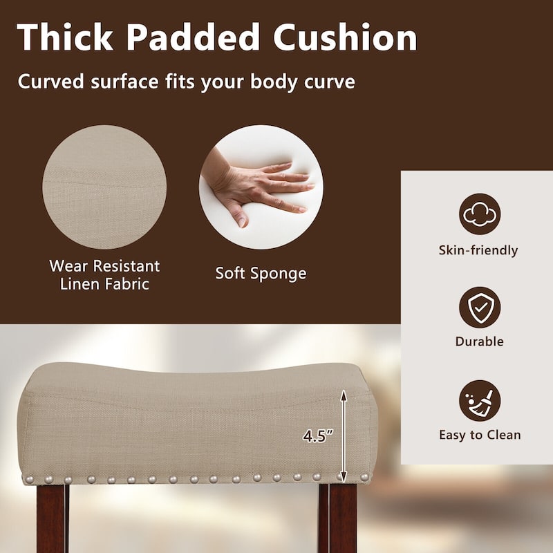 Set of 2 Backless Saddle Bar Stools with Linen Cushions and Rubber Wood Legs for Counter - 17" x 13" x 24" (L x W x H)
