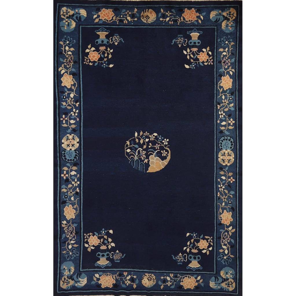 Hand Knotted Oriental 100% Wool Carpet Traditional Medallion Navy Blue & Blues Art Deco Area Rug - 7' 8'' X 4' 10''