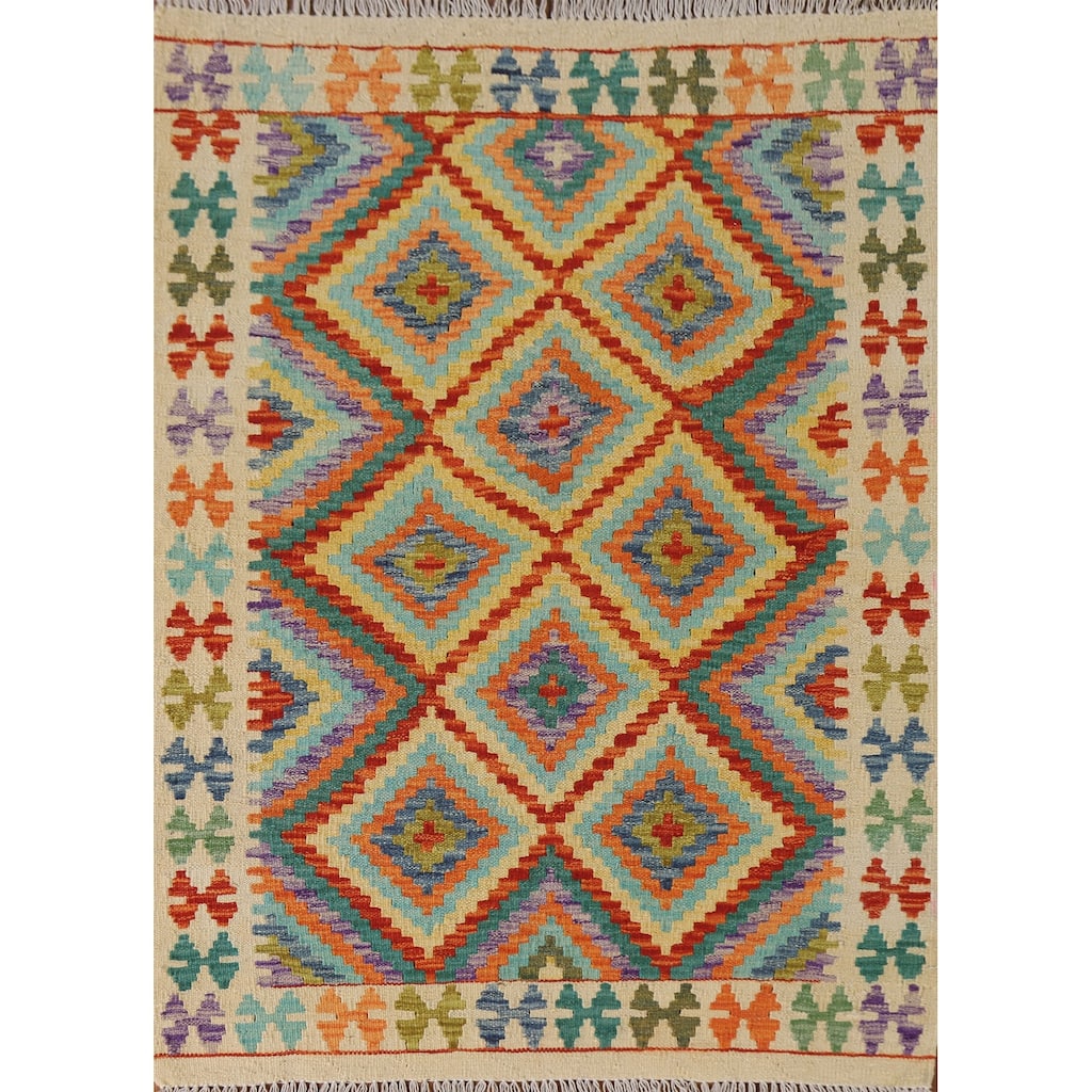 Reversible Kilim Rug Hand-Woven Wool Foyer Carpet - 3'4"x 4'6"