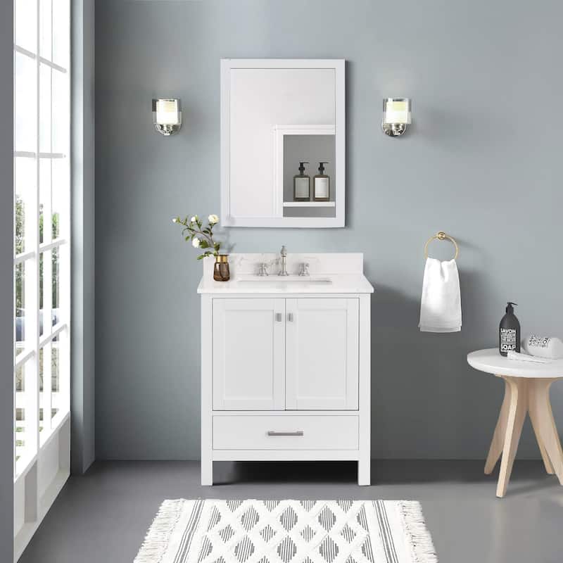 StarrySky 30 inch Undermount Single Sink Bathroom Vanity with Engineered Carrara Marble Top - White
