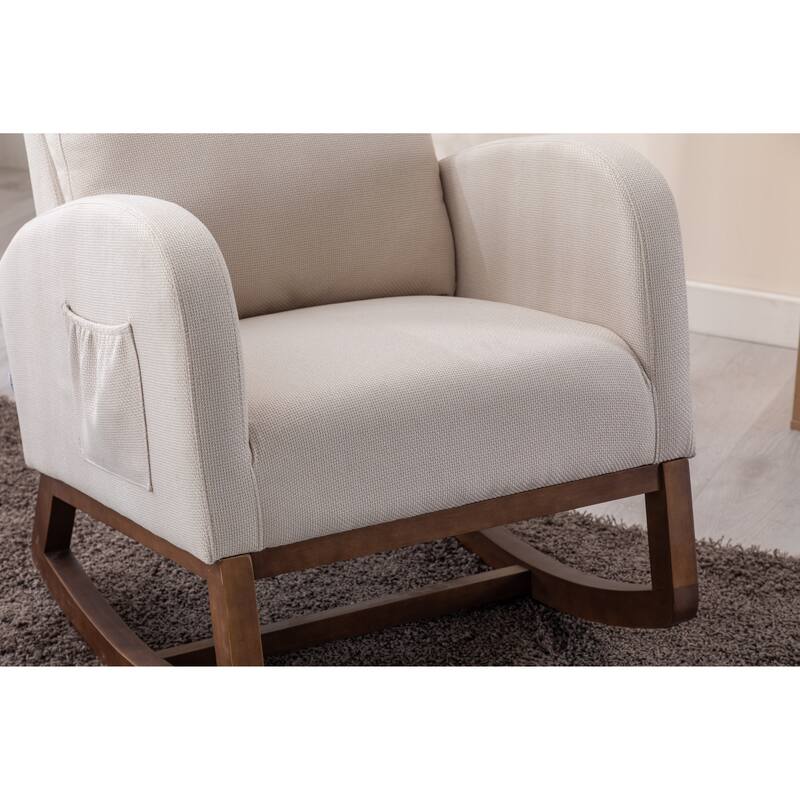 Beige High Back Rocking Chair Nursery Chair Comfortable Rocker Fabric Padded Seat