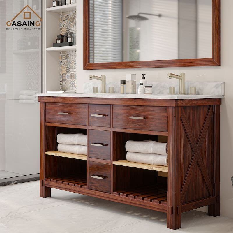 CASAINC 36"48"60" Freestanding Bathroom Vanity in Traditional Brown with Sink and Carrara Marble Top - 60(W)x22(D)x35.4(H)