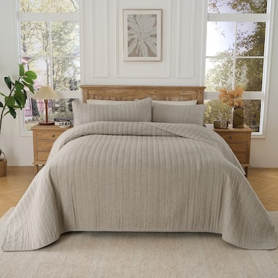 Cotton Herringbone Quilt Set in Natural with Stripe Quilting, 3-Piece