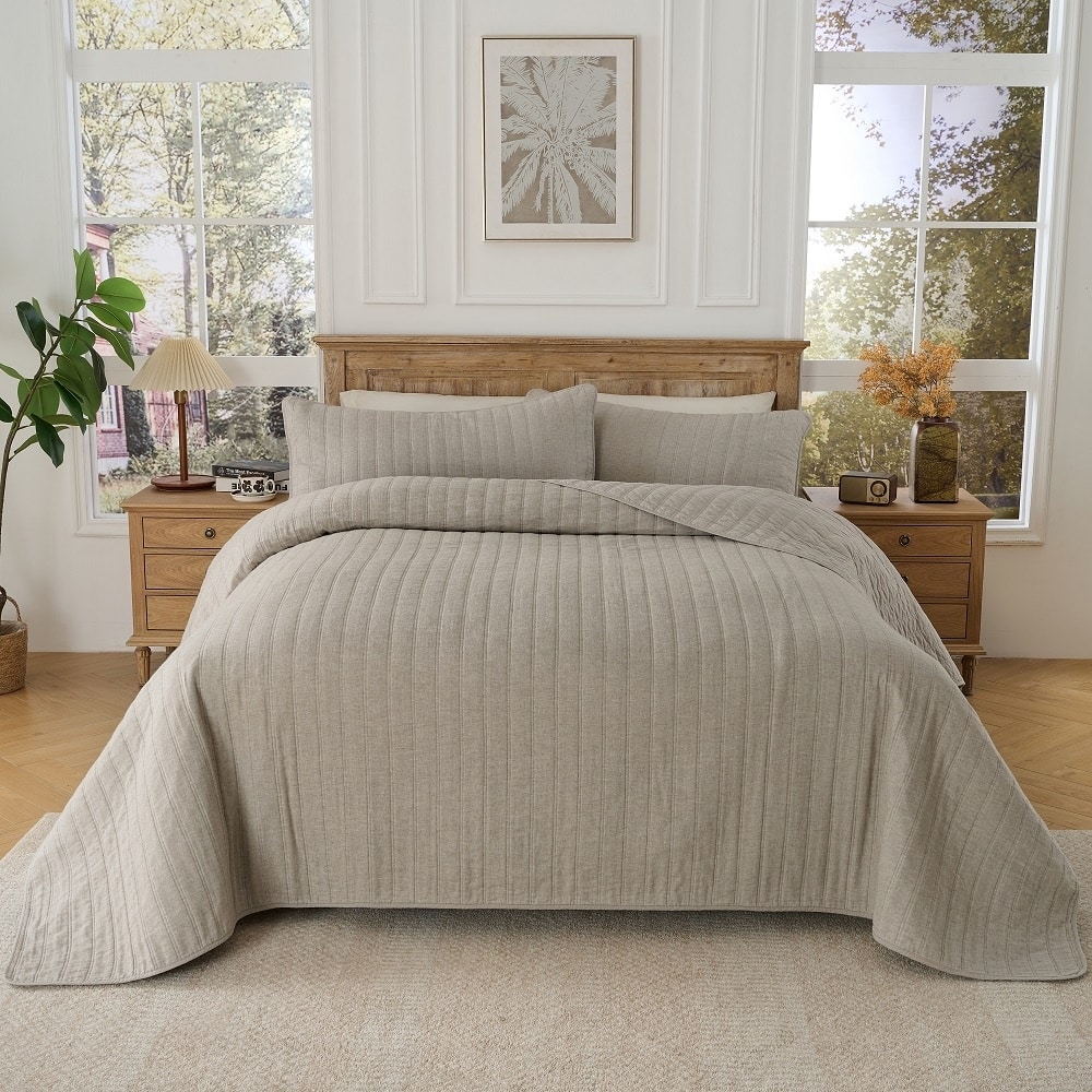 Cotton Herringbone Quilt Set in Natural with Stripe Quilting, 3-Piece
