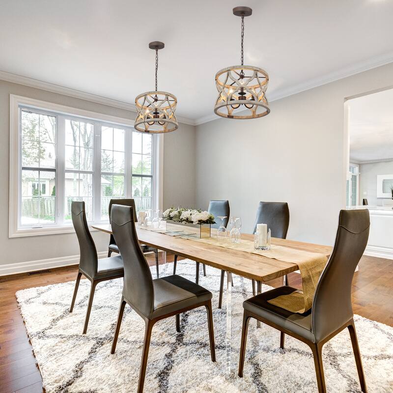 Woodly Modern Farmhouse 3-Light Drum Wood Chandelier Light for Dining Room - 16" D x 13.5" H