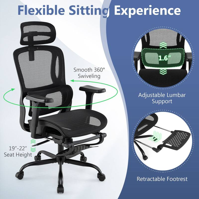 Ergonomic Mesh Office Chair with Reclining Backrest 3D Armrests Adjustable Headrest Lumbar Support and Footrest Black