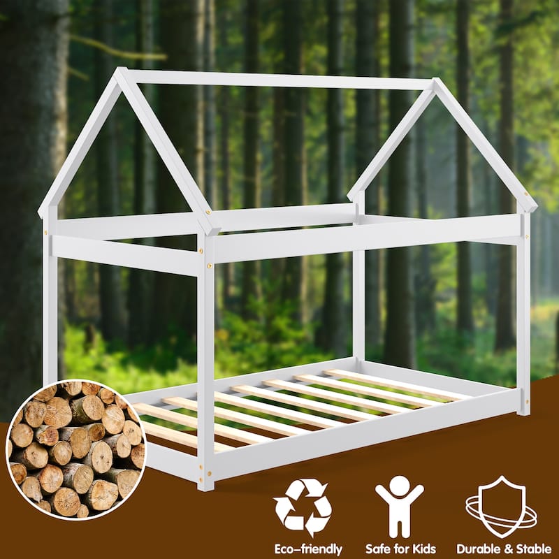 Costway Twin House Bed Wood Frame w/ Roof for Kids Toddler No Box
