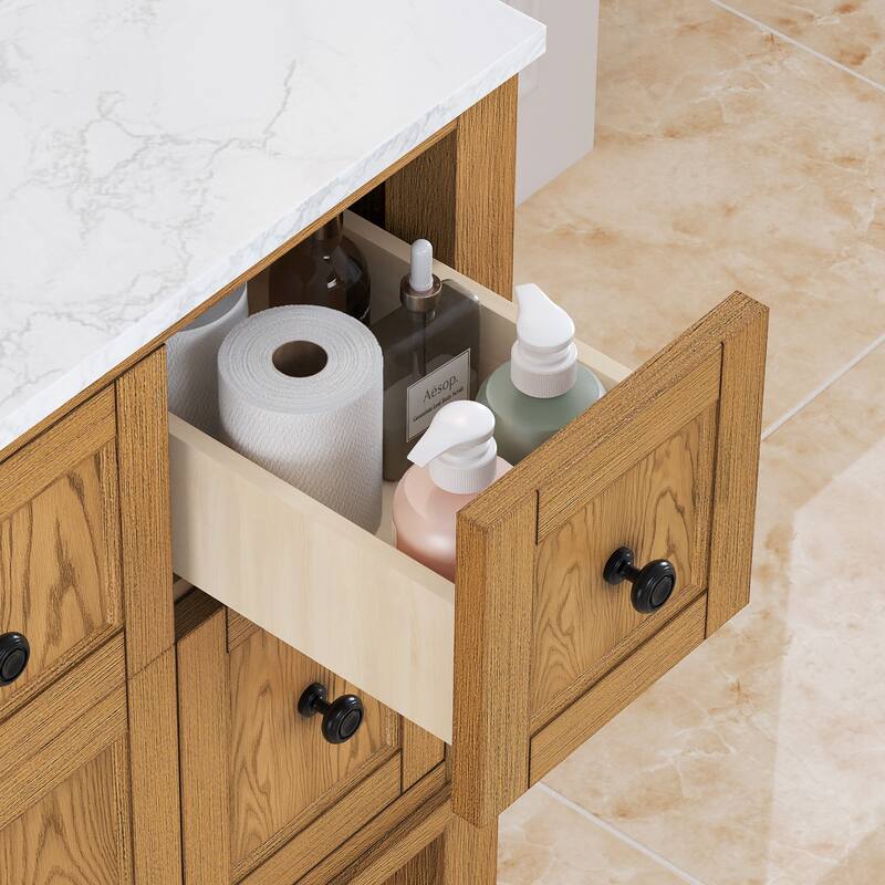 48" Bathroom Vanity with Sink, Marble Countertop Single Bathroom Vanity with 6 Drawers, White