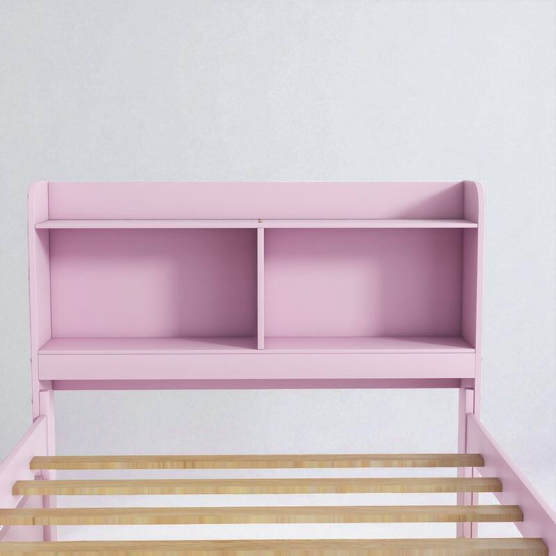 Twin/Full Bed Frame with Pull-Out Trundle and Bookcase Headboard, No Box Spring Needed