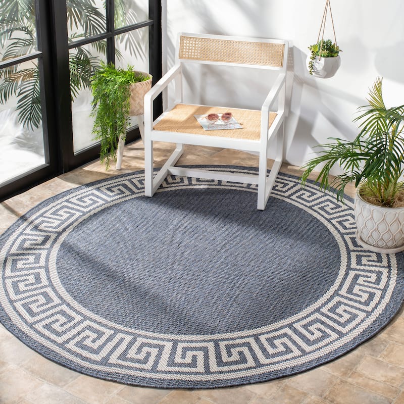 SAFAVIEH Bermuda Washable Floresha Indoor/ Outdoor Waterproof Rug - 8' Round - Dark Blue/Ivory