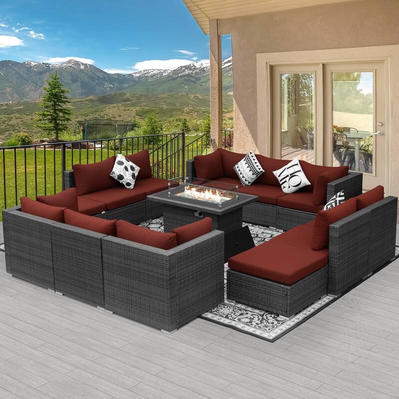 FINCATI 13 Piece Outdoor Patio Conversation Set with 43 Inch Fire Pit - Red