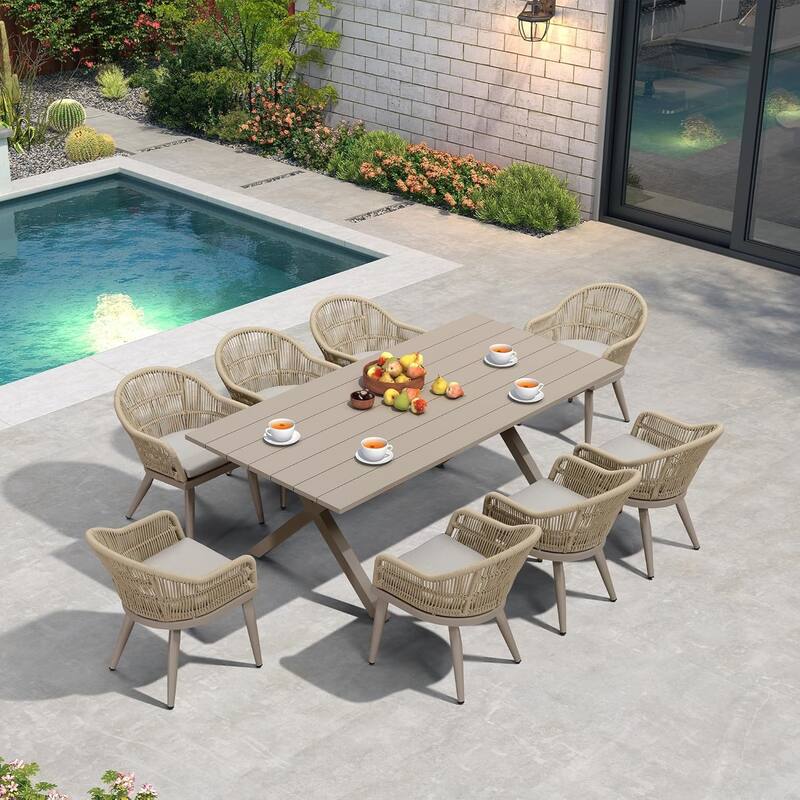 PURPLE LEAF 7 Pieces Patio Dining Set with Outdoor Aluminium Square Dining Table and Woven Rattan Chairs - 8person(rectangle)