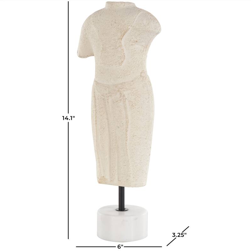 Cream Paper Mache Distressed or Antique Greek Inspired Statue People Decorative Sculpture with White Marble Base