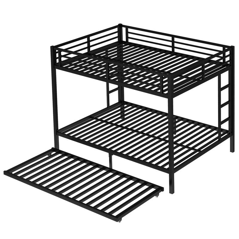 Queen over Queen Metal Bunk Bed with Twin Trundle, Black