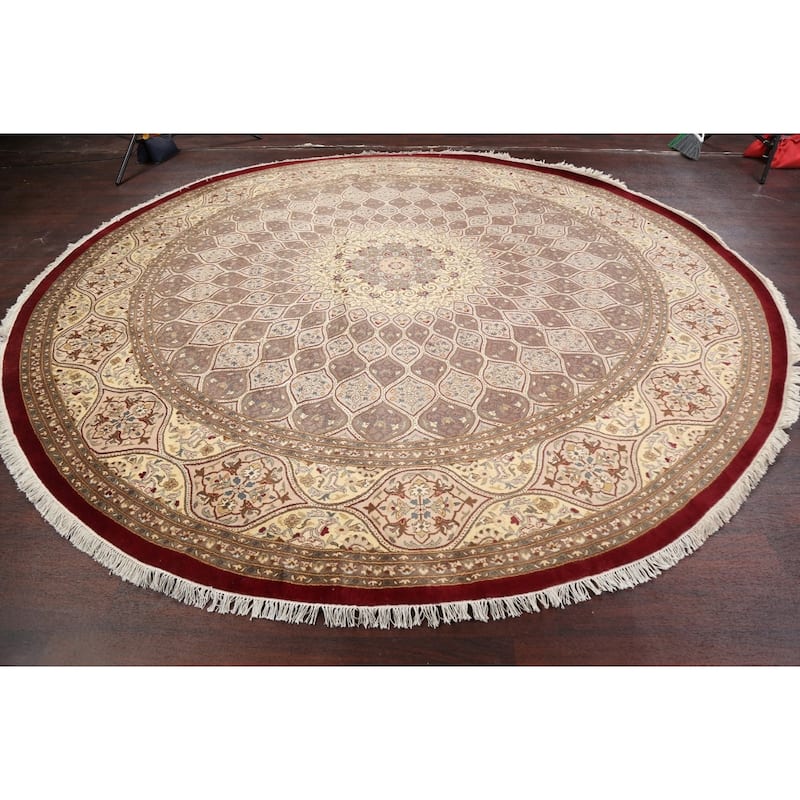 Wool/ Silk Vegetable Dye Floral Qum Oriental Area Rug Handmade Carpet - 10'1" x 10'2" Round
