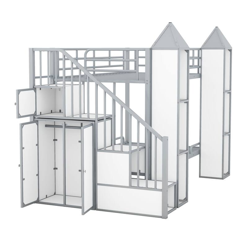Twin Over Twin Castle-Shaped Bunk Bed with Wardrobe and Multiple Storage, Metal Bunk Bed with Storage Staircase