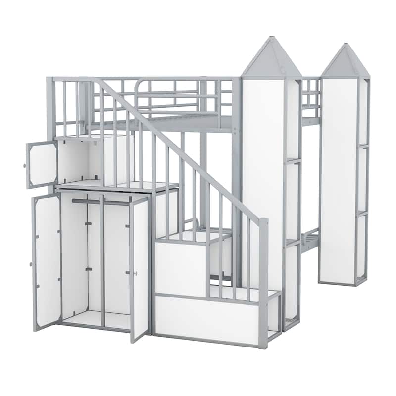 Twin Over Twin Size Bunk Bed w/Storage Shelves,Wardrobe,Metal Bedframe