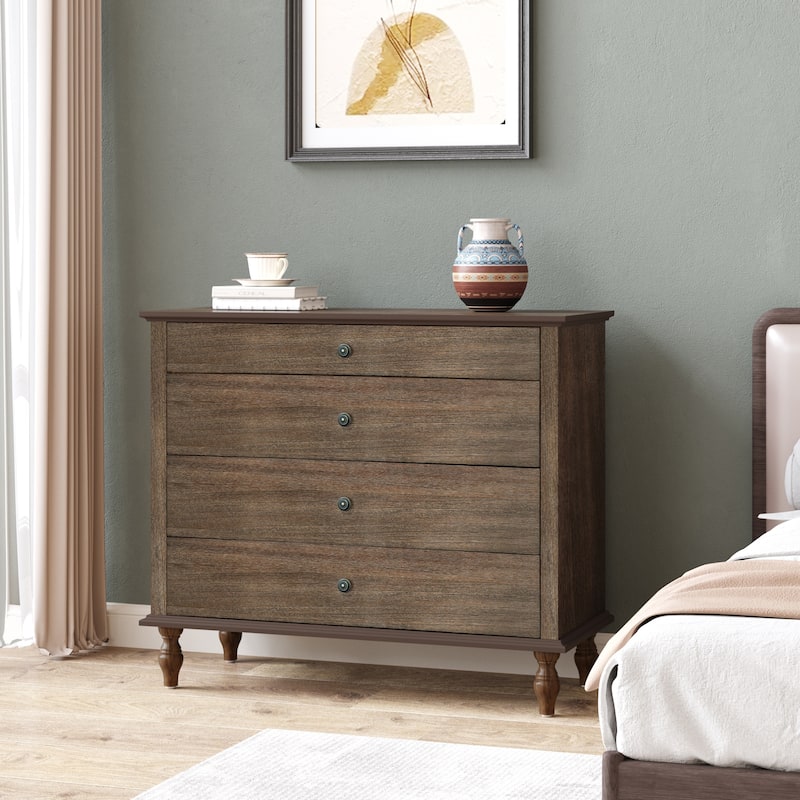Rustic Wooden 4-Drawer Storage Chest with Metal Knobs and Solid Wood Feet by GDFStudio